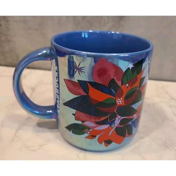 Starbucks Holiday 2023 Ceramic Coffee Mug Iridescent Poinsettia Flowers 14 oz. - Picture 3 of 8